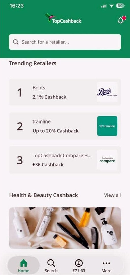TopCashback review screenshot